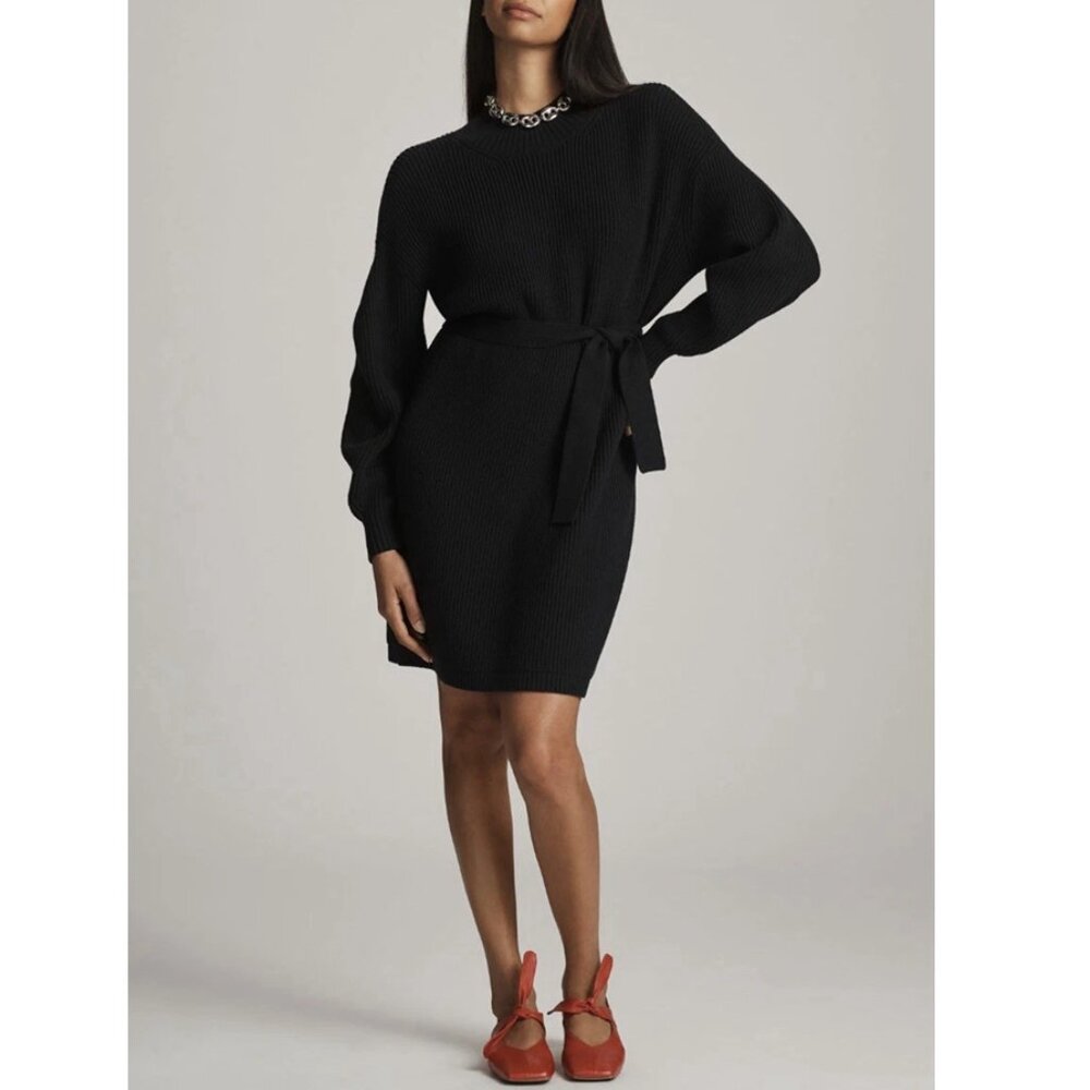 Anthropologie Maeve Long-Sleeve Mock-Neck Tie-Waist Mini Dress Black M